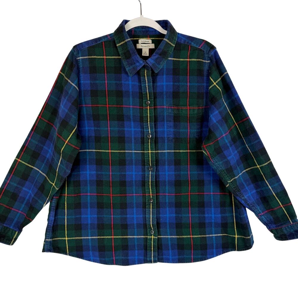 LL Bean Scotch Plaid Flannel Shirt Women 1X Relaxed Fit Blue Green Tartan Button